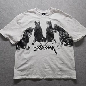 Stussy Doberman Graphic T-Shirt Mens Large White Short Sleeve Cotton Crewneck